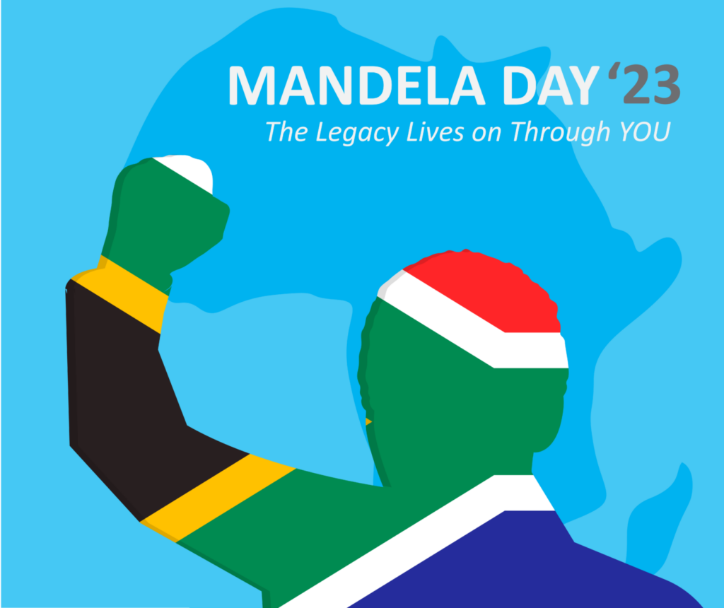 Nelson Mandela Day 2023 - Map of africa outline behind Madiba - iLearn logo